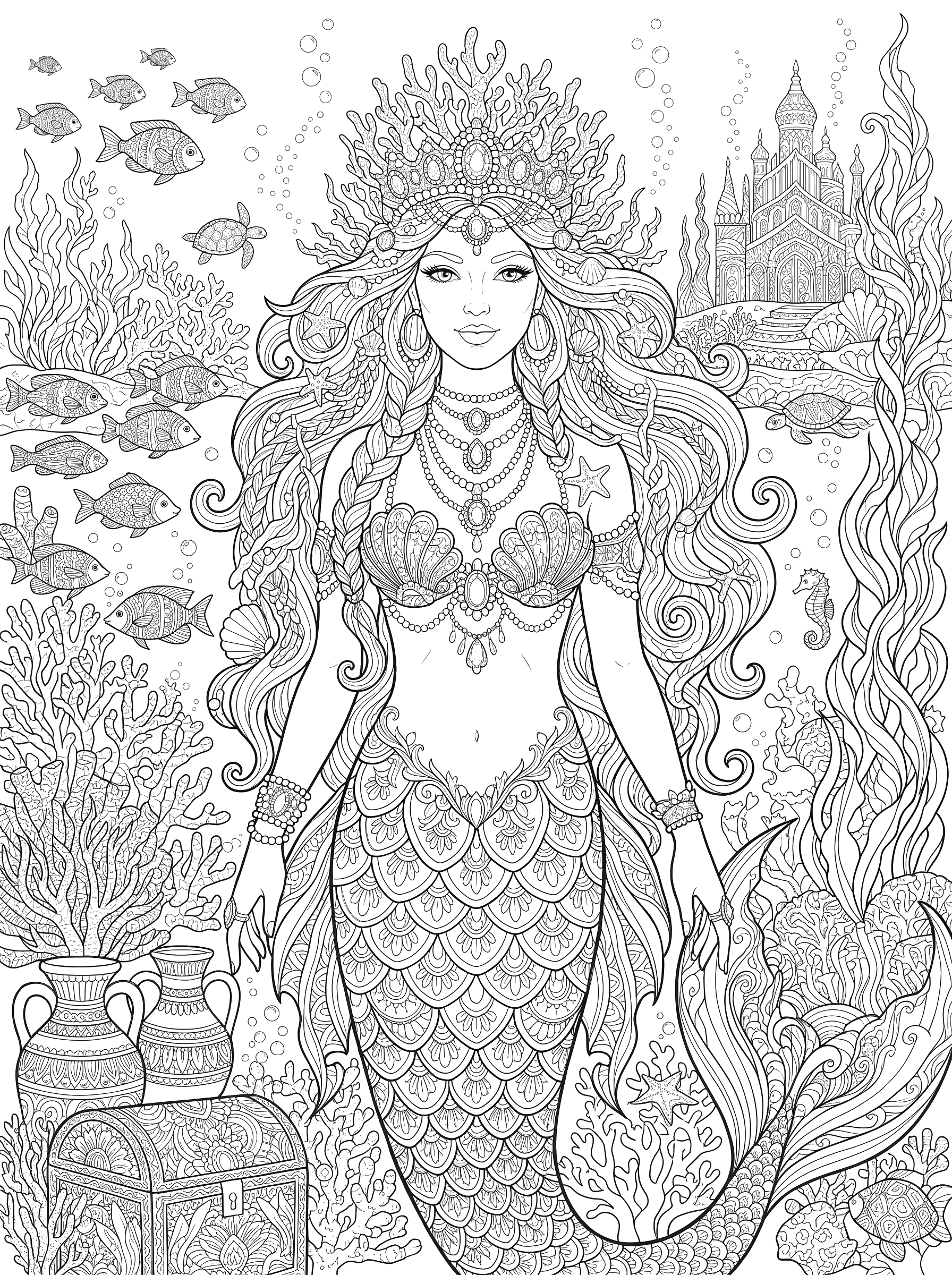 Mermaid Queen Portrait coloring page