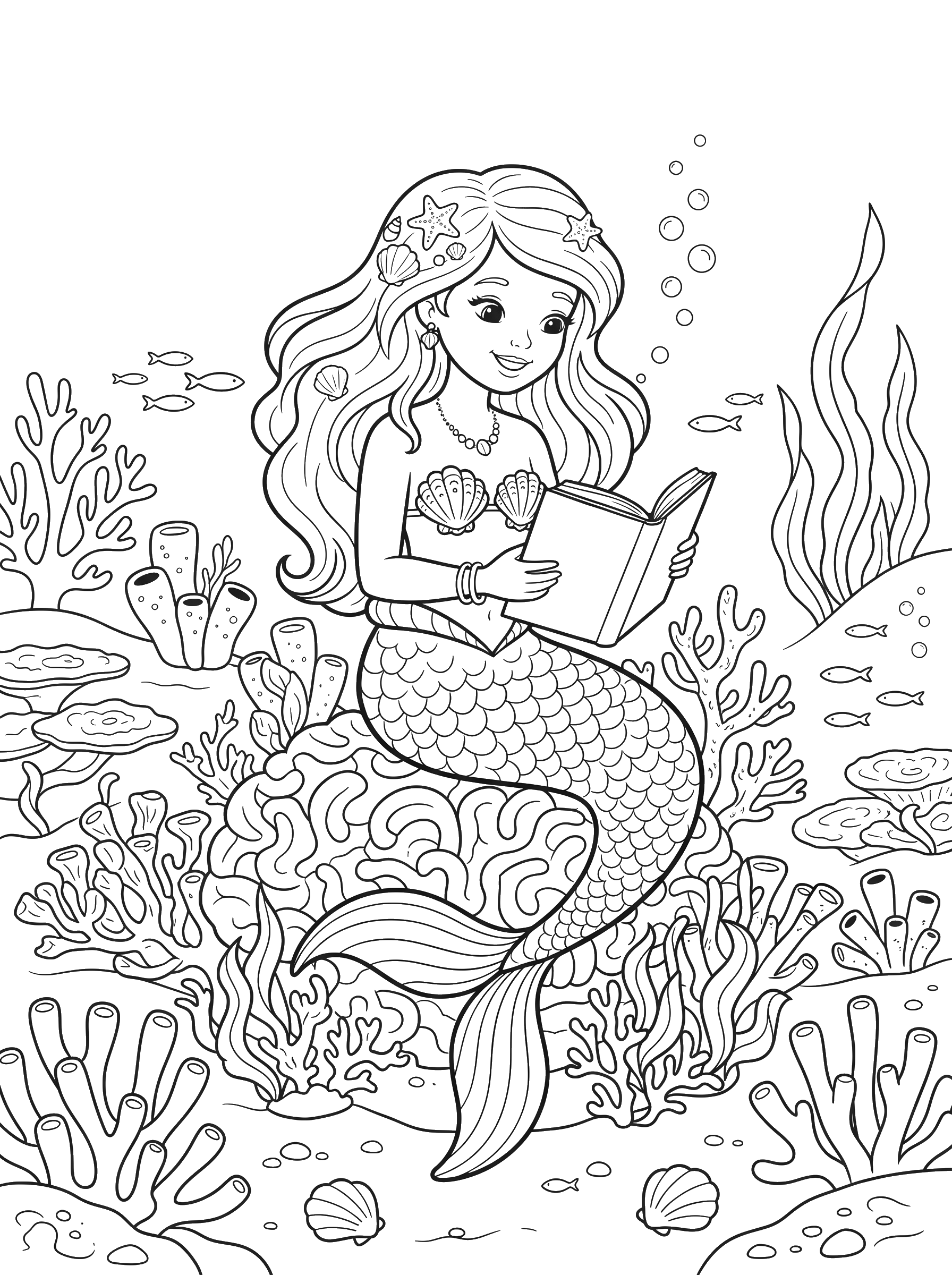 Mermaid Reading on a Coral Reef coloring page