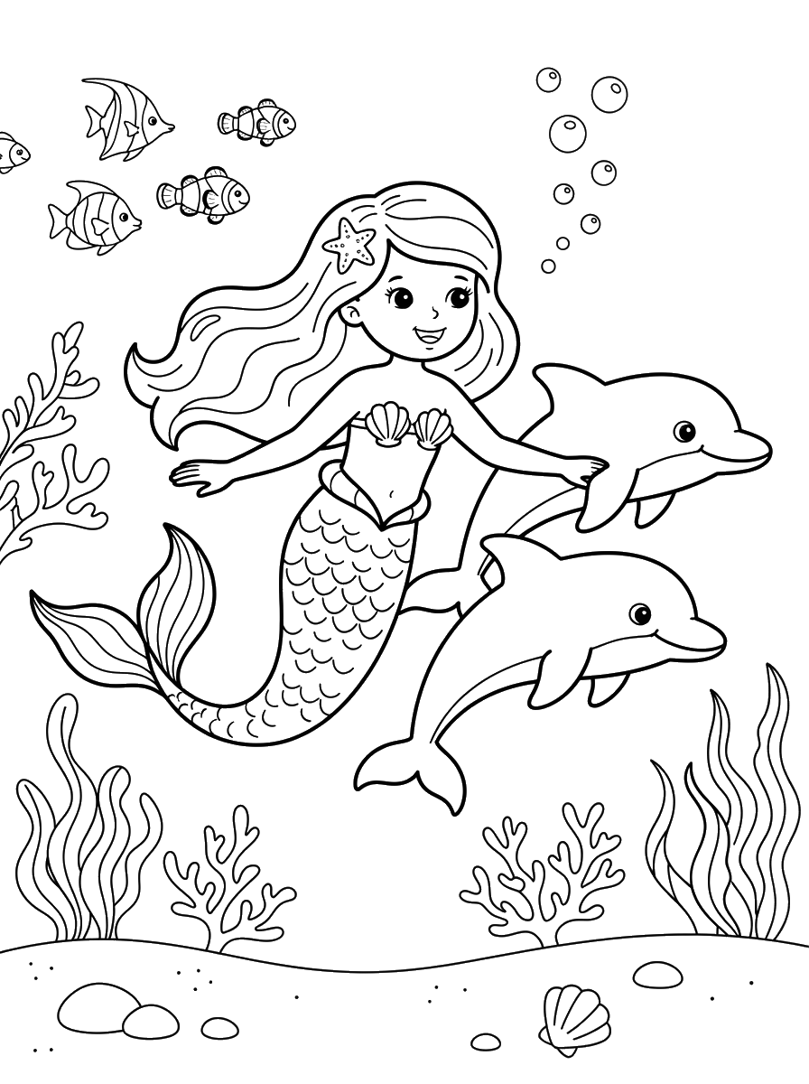 Mermaid Swimming with Dolphins coloring page