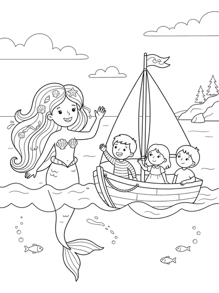 Mermaid Waving at a Sailboat coloring page