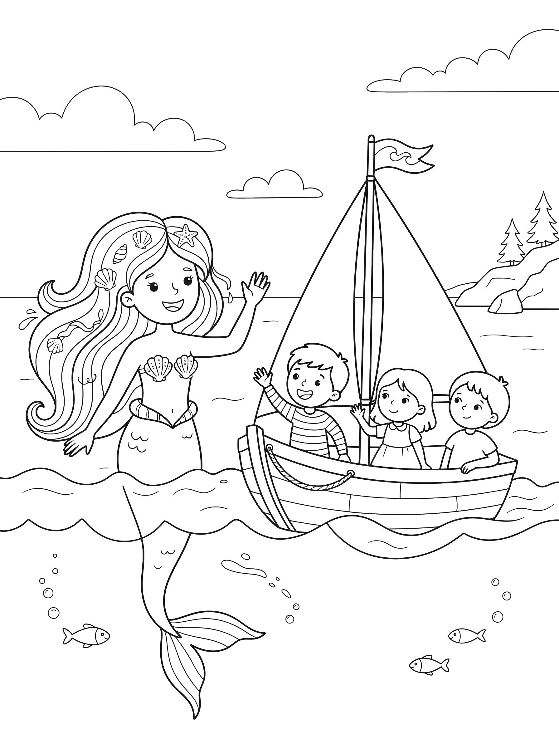 Mermaid Waving at a Sailboat coloring page