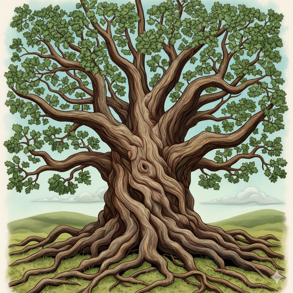 Árbol antiguo coloreado con muchos tonos de marrón y verde