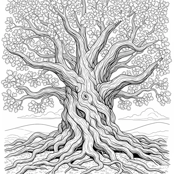 Highly detailed oak tree with textured bark and large roots