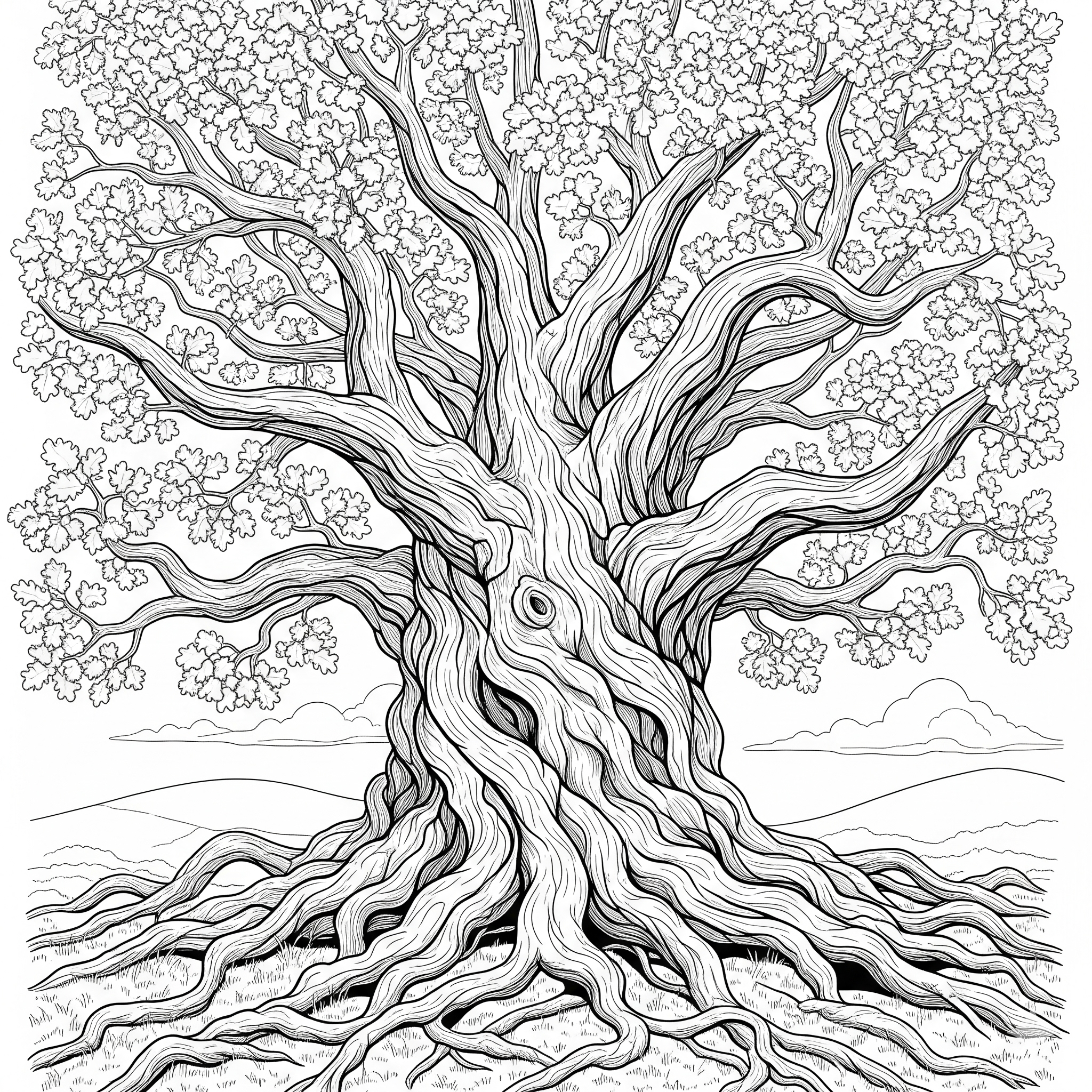 Árbol de roble muy detallado con corteza texturizada y grandes raíces