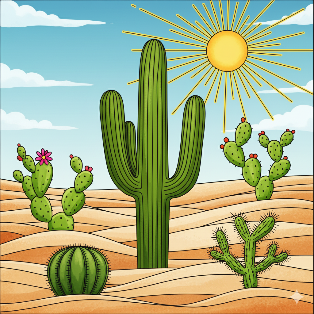 Cactus coloreados en diferentes tonos de verde sobre arena naranja