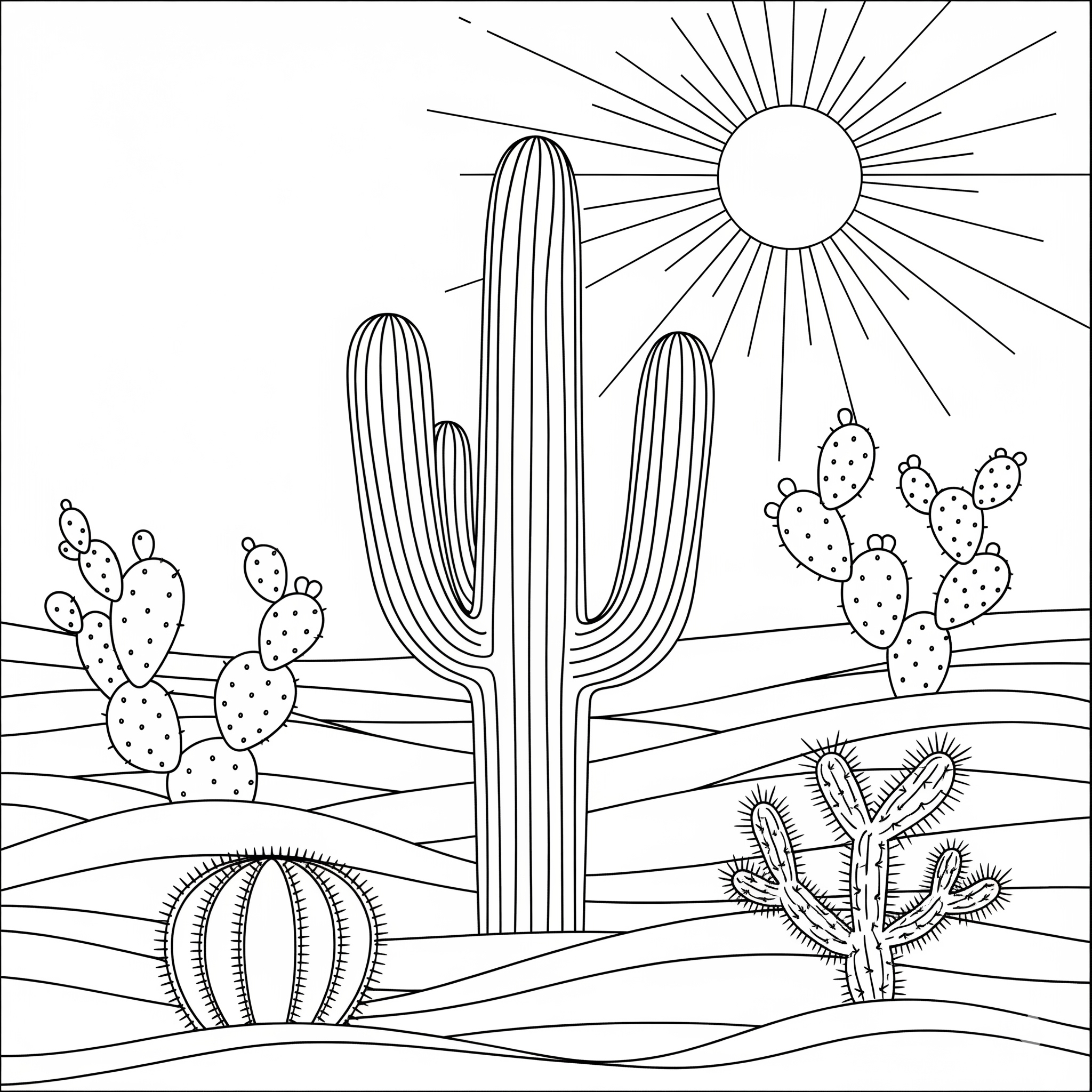 Varios tipos de cactus en un paisaje desértico con sol