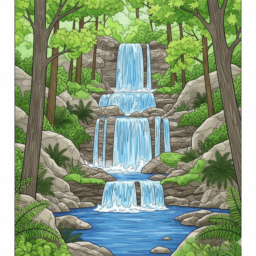 Cascada coloreada con agua azul y blanca y un entorno verde