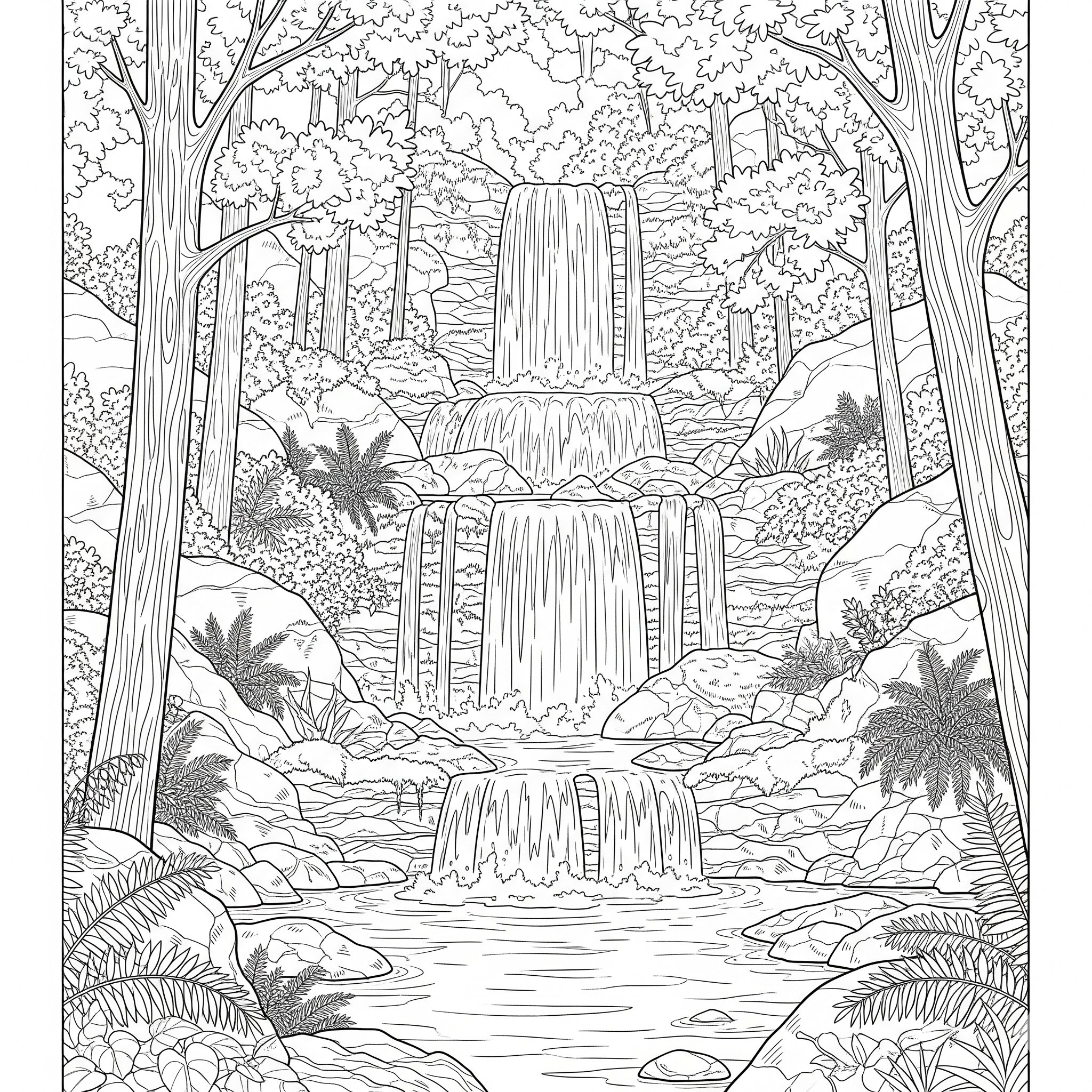 Cascada cayendo sobre rocas, rodeada de árboles y plantas