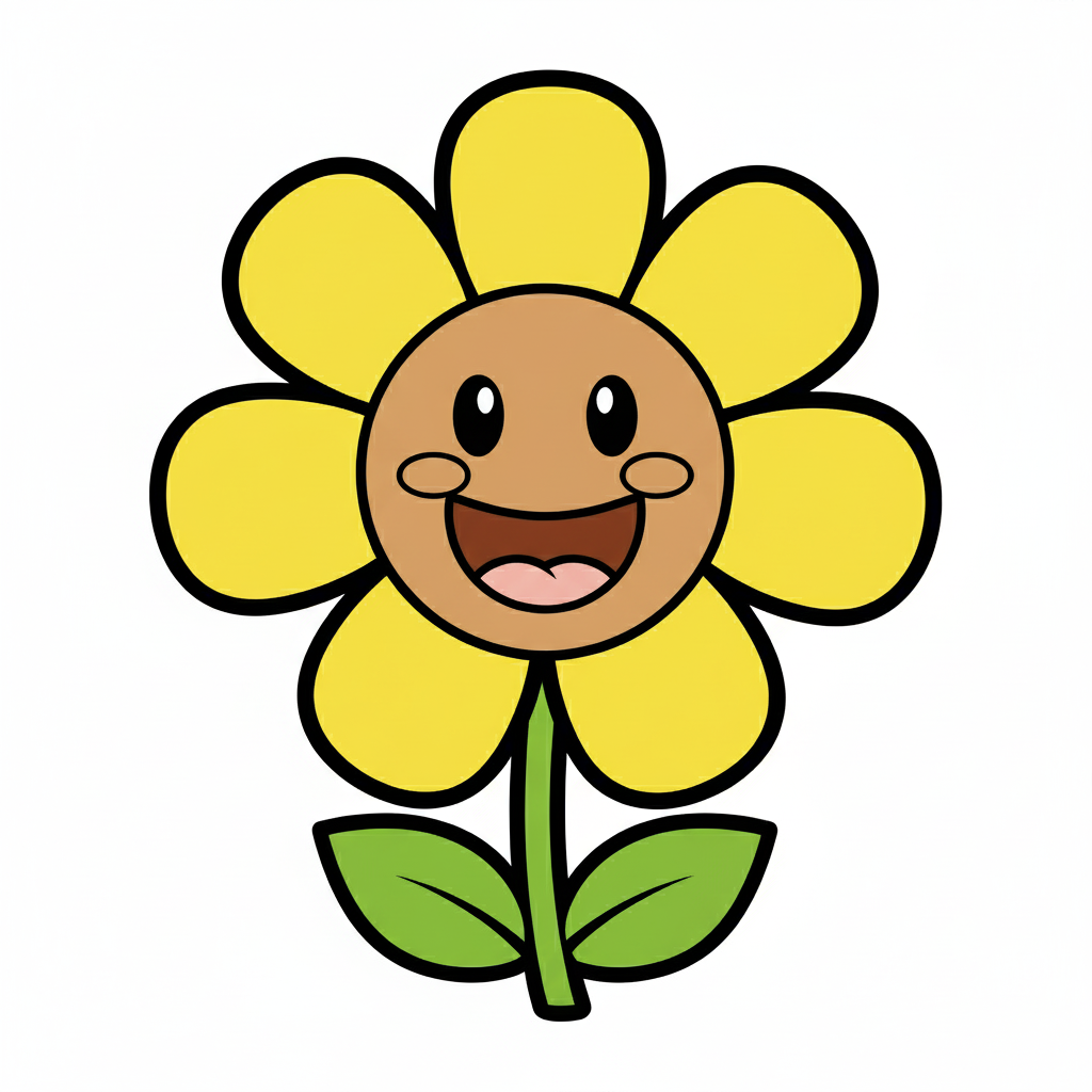 Flor coloreada con pétalos amarillos y un centro sonriente