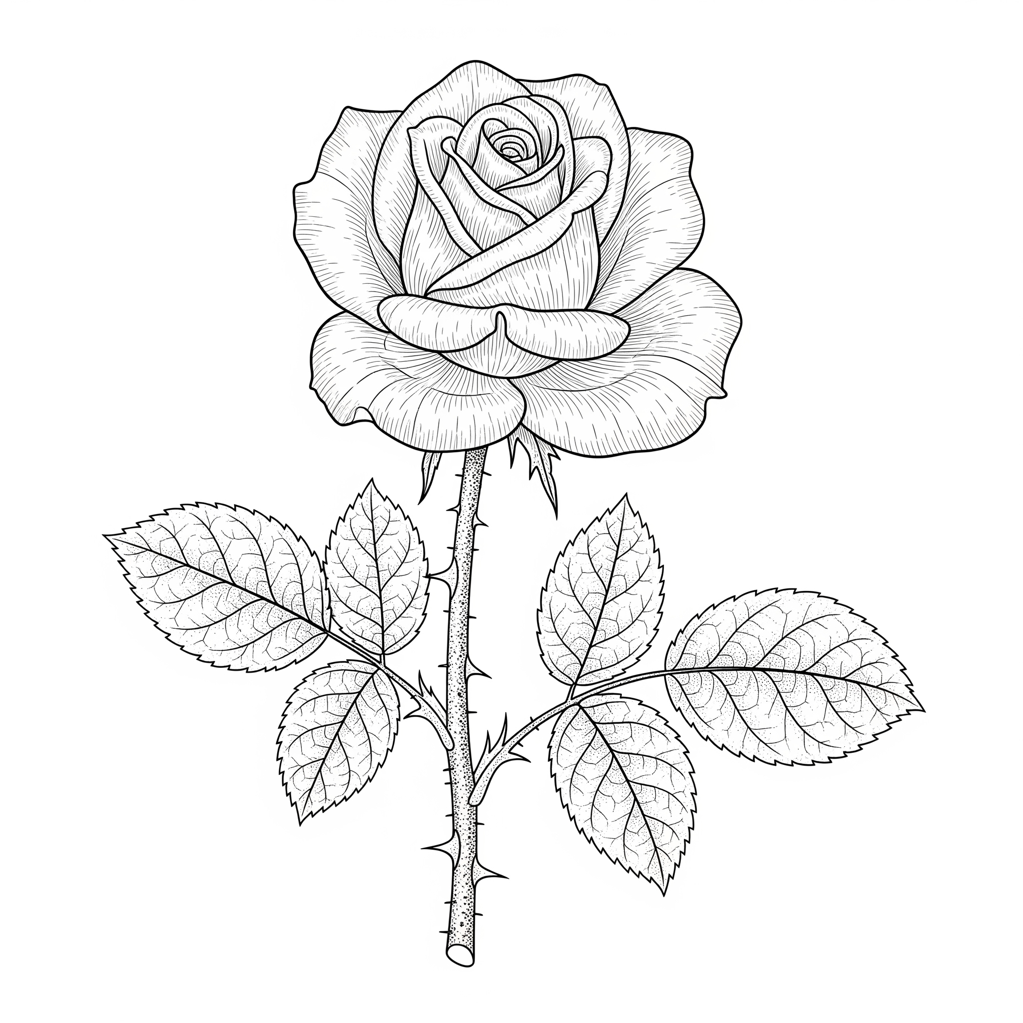 Rosa muy detallada con cada pétalo, hoja y espina dibujado