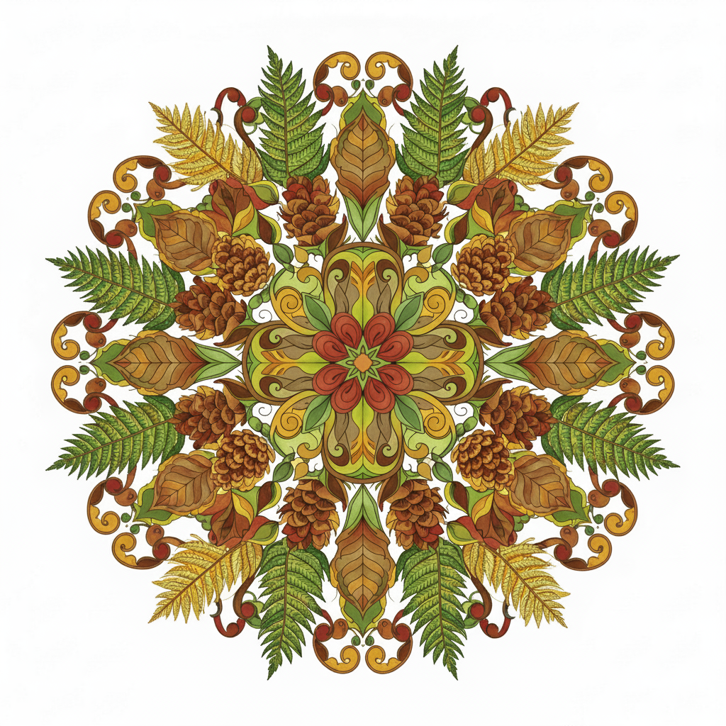 Mandala natural coloreado con una paleta de colores otoñales
