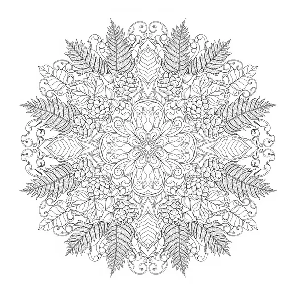 Symmetrical mandala made of leaves, flowers, seeds and branches