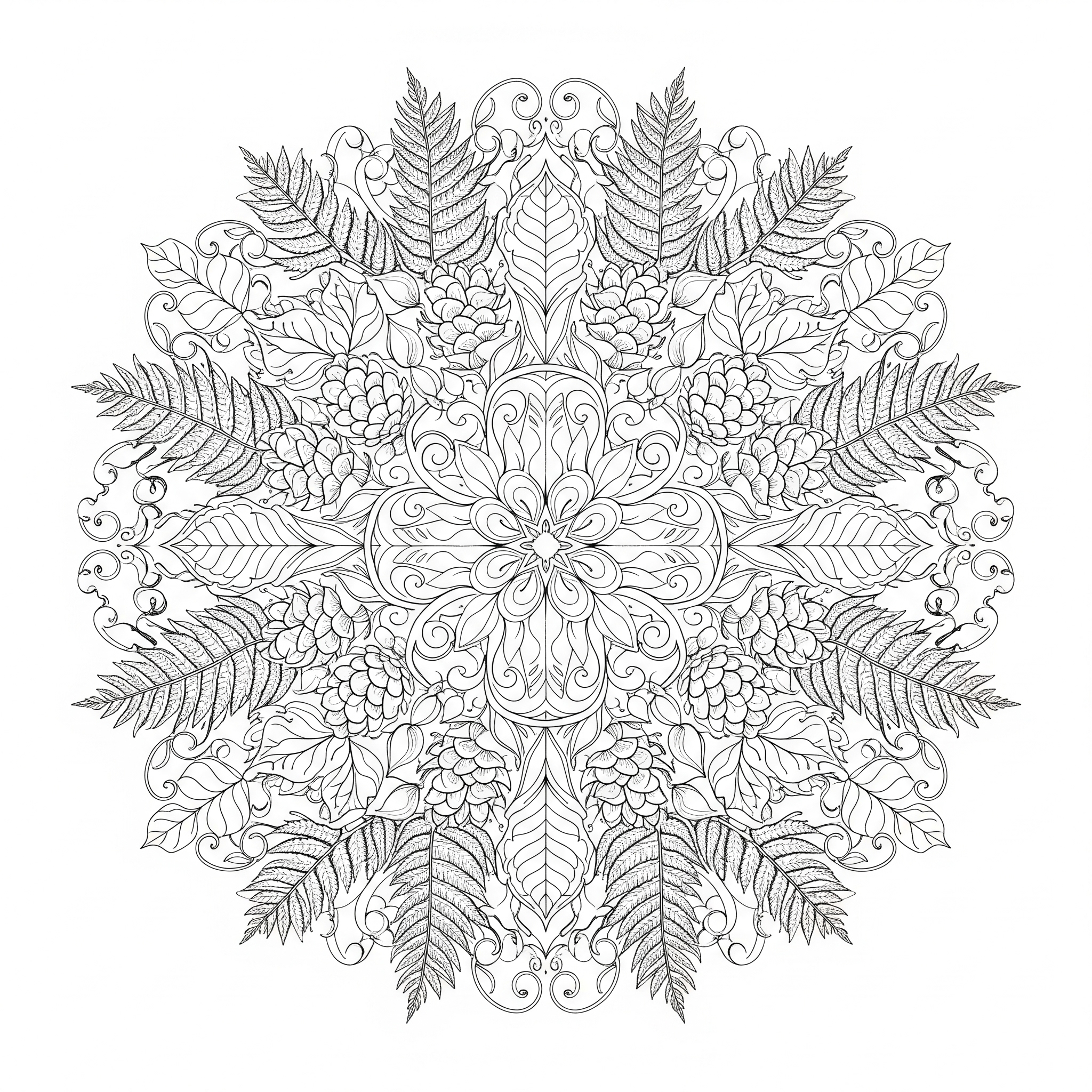 Mandala simétrico hecho de hojas, flores, semillas y ramas