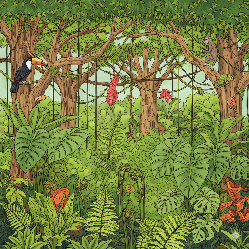 Jungla coloreada con una inmensa variedad de tonos de verde