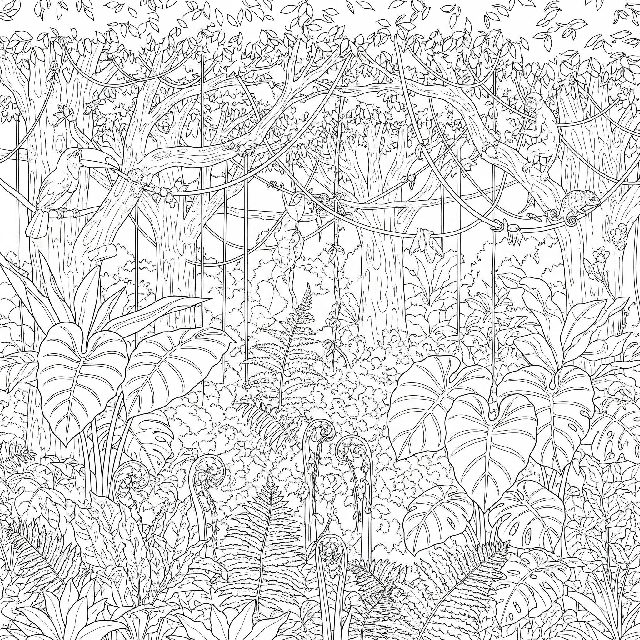 Paisaje de jungla con muchas capas de plantas, lianas y árboles