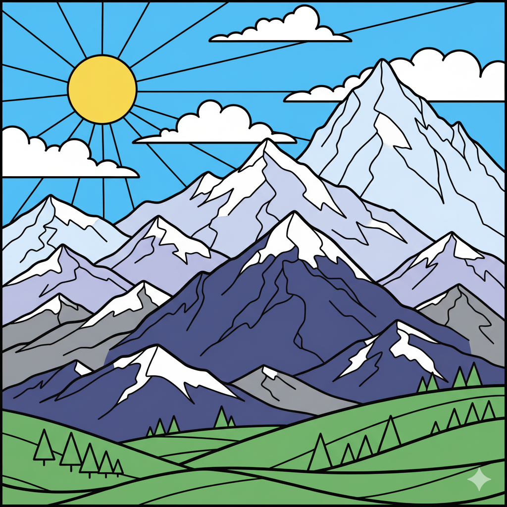 Paisaje montañoso coloreado con picos nevados y cielo azul