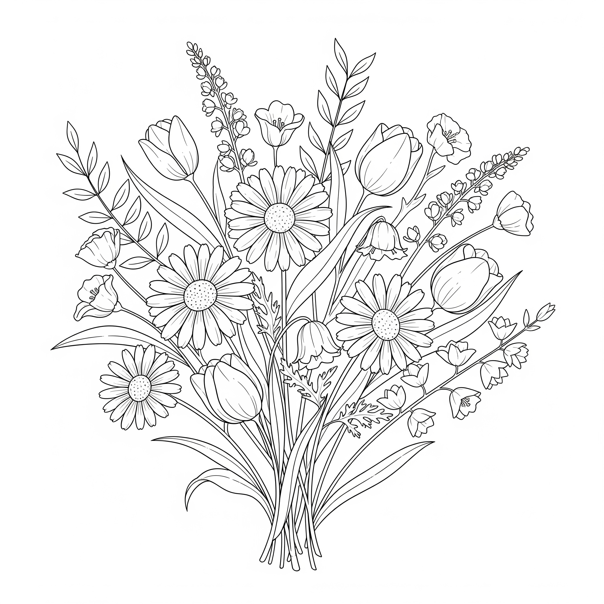 Ramo con diferentes tipos de flores y hojas, para colorear