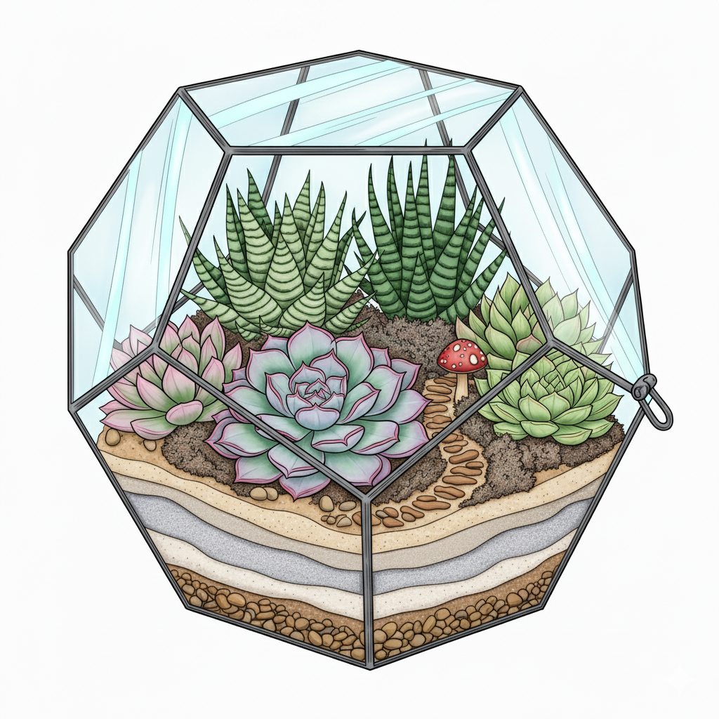 Terrario coloreado con suculentas de tonos verdes, púrpuras y rojizos