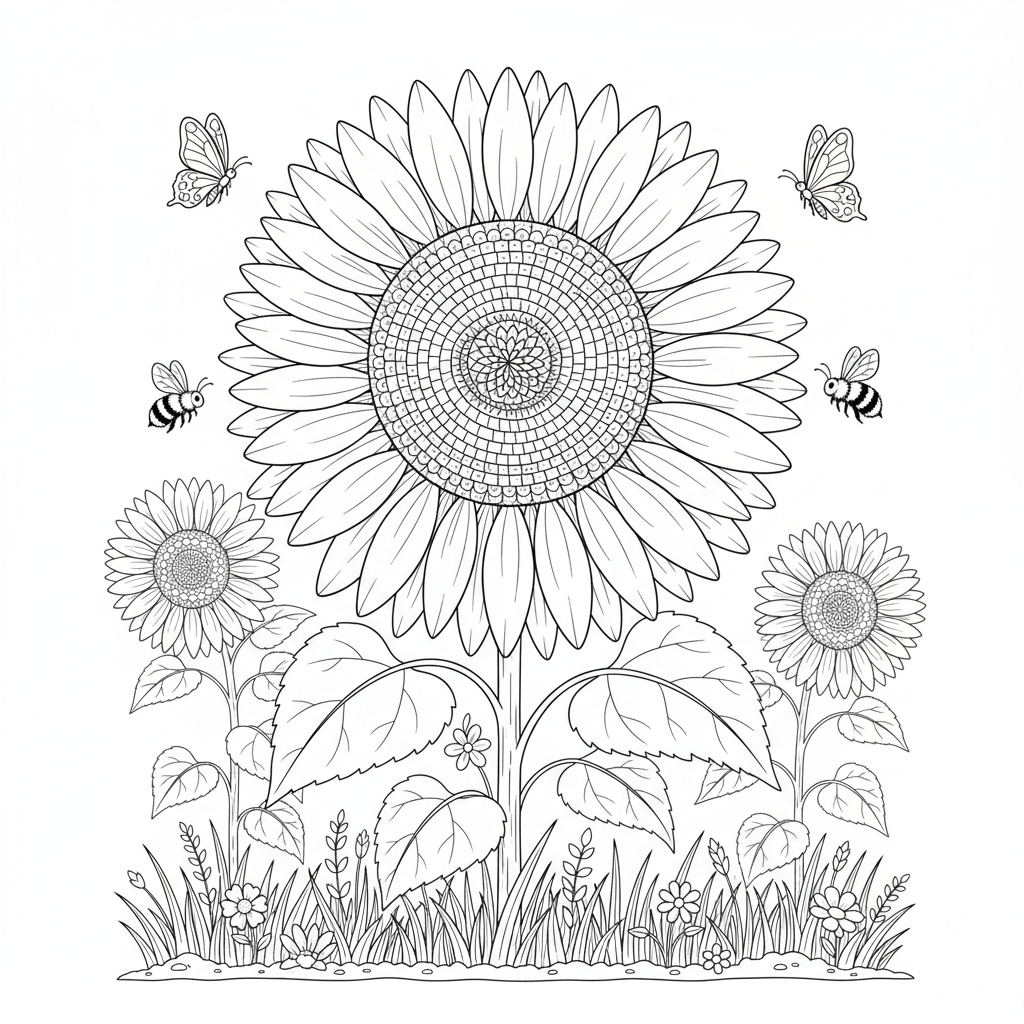Girasol gigante sin colorear con pétalos detallados