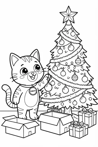 Nuggis decorating a Christmas tree with ornaments and lights, coloring page