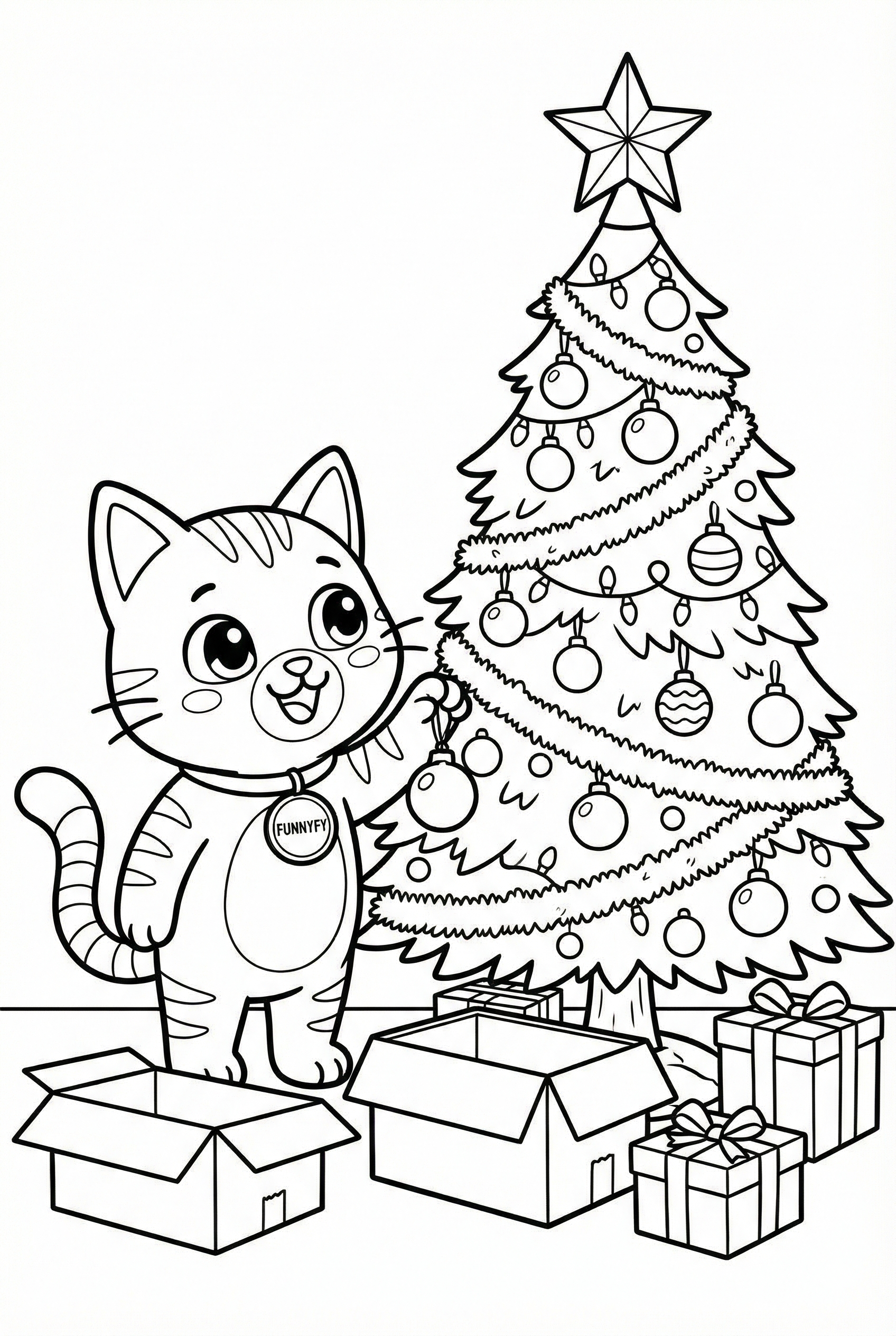 Nuggis decorando un árbol de navidad con esferas y luces, dibujo para colorear