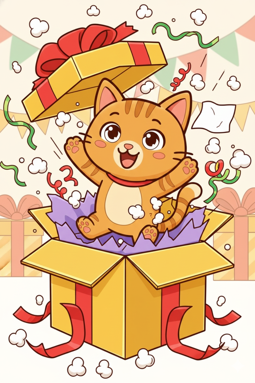 Nuggis saliendo de una caja de regalo, ejemplo coloreado