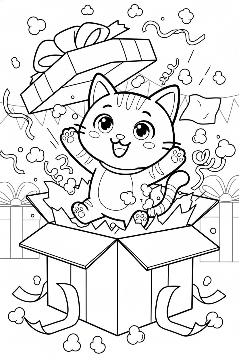 Nuggis saltando desde dentro de una caja de regalo abierta, dibujo para colorear