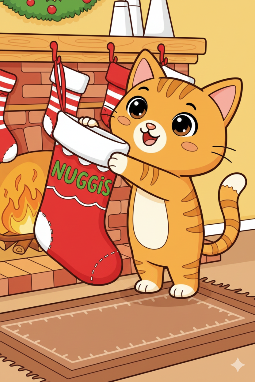 Nuggis colgando una calceta navideña, imagen a color