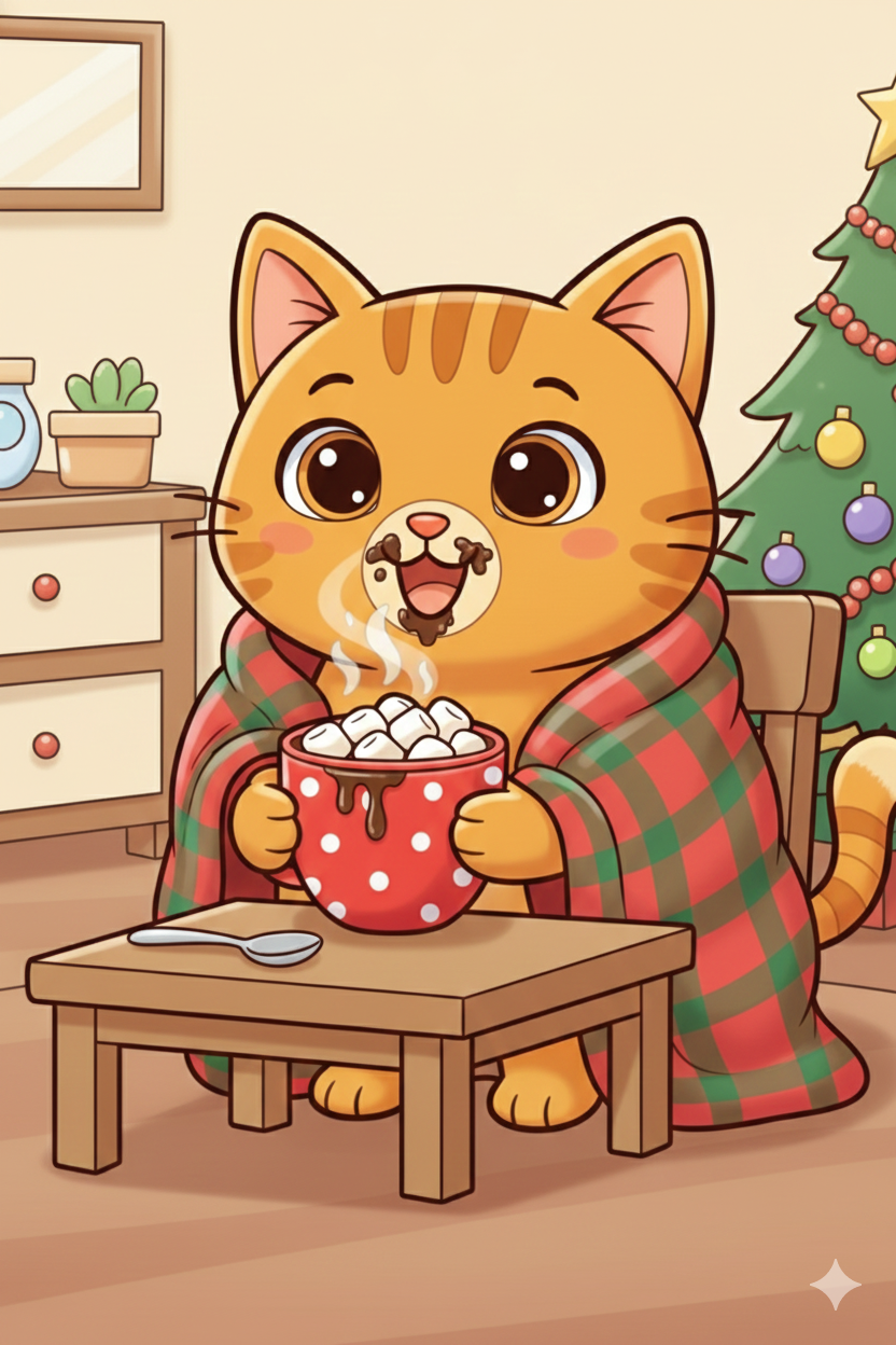 Nuggis bebiendo chocolate caliente con malvaviscos, ejemplo coloreado