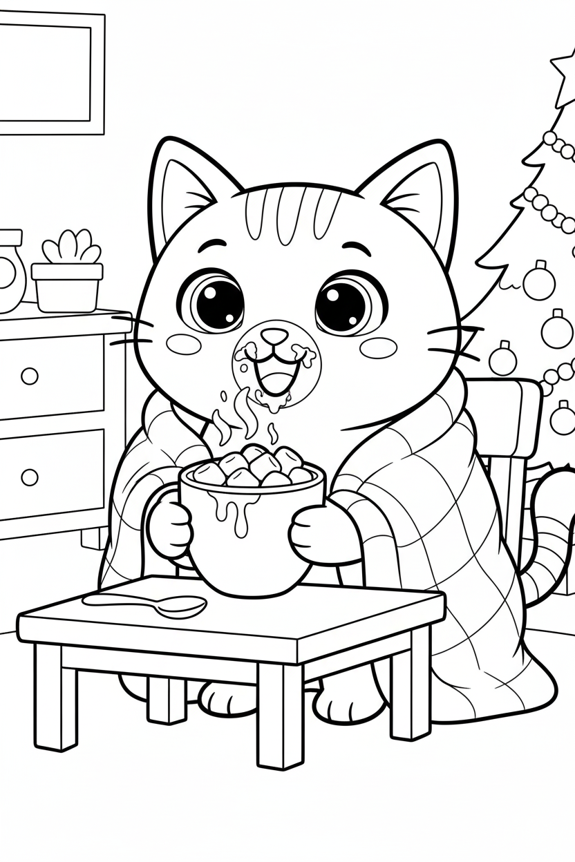 Nuggis bebiendo de una taza grande de chocolate caliente, dibujo para colorear