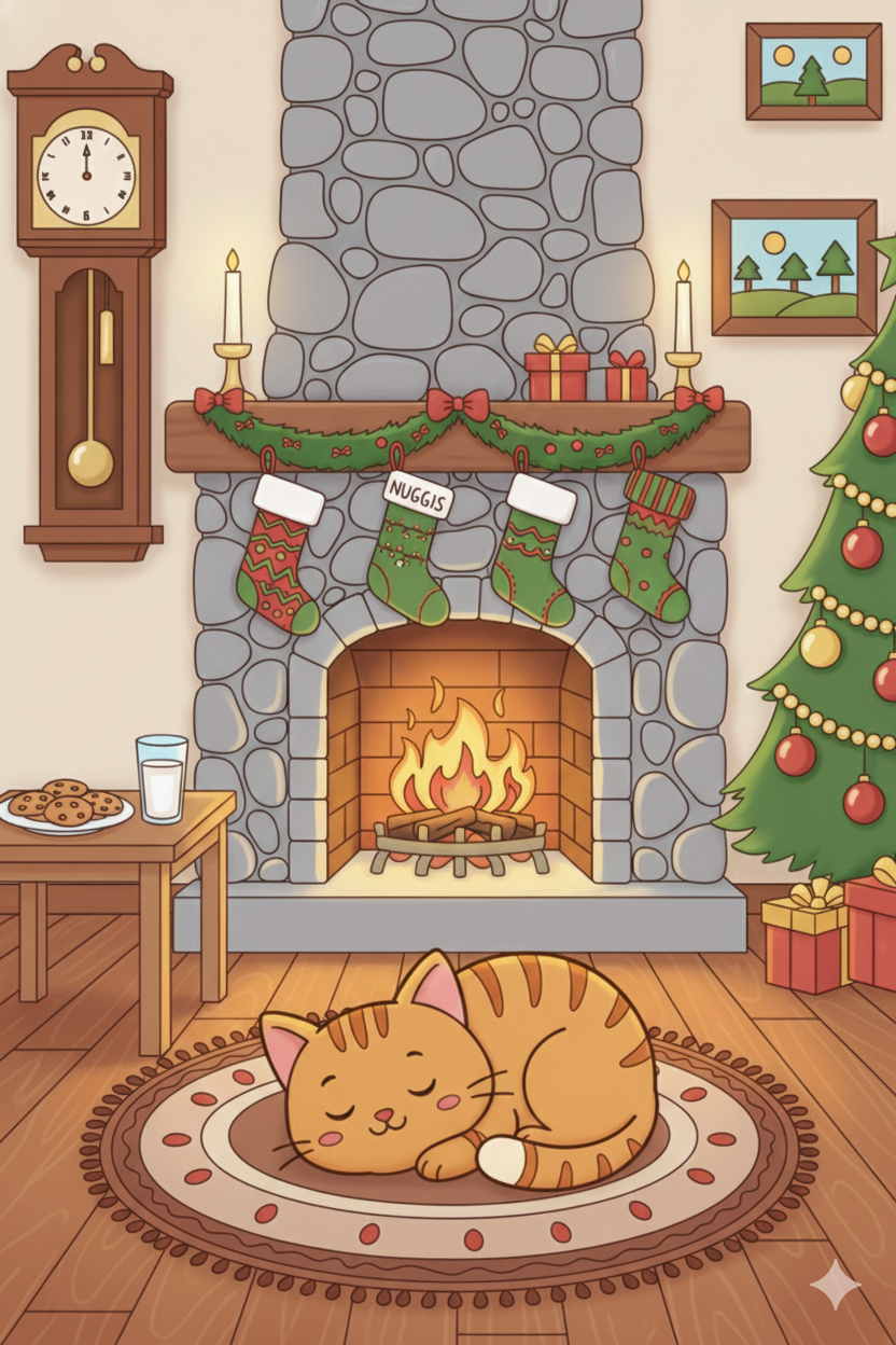 Nuggis durmiendo frente a la chimenea, ejemplo coloreado