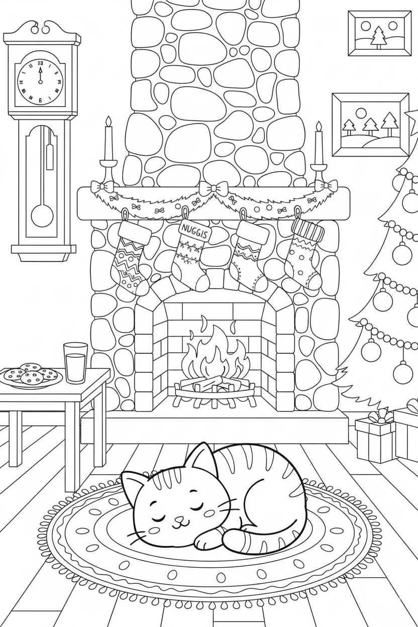 Nuggis durmiendo frente a una chimenea decorada, dibujo para colorear