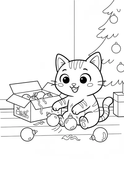 Nuggis playing with Christmas ornaments on the floor, coloring page