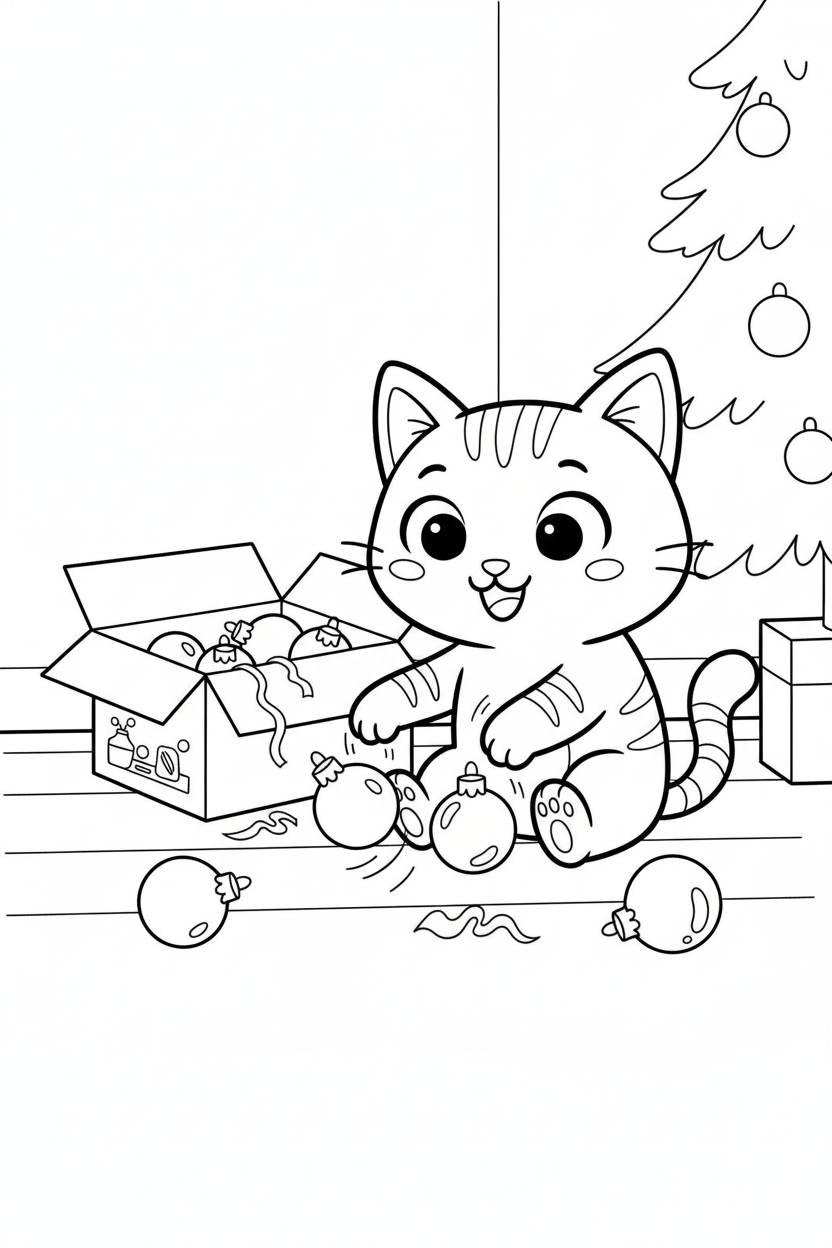 Nuggis jugando con esferas de navidad en el suelo, dibujo para colorear