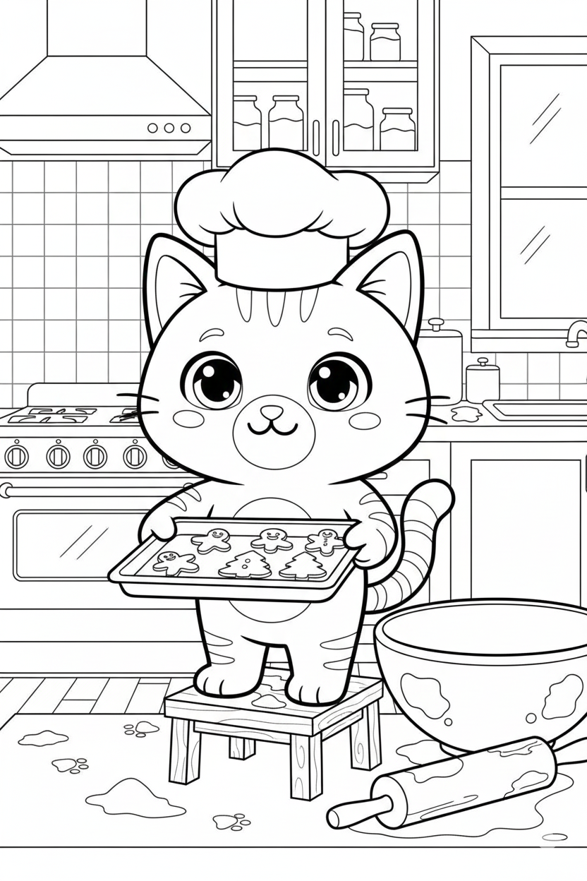 Nuggis en la cocina con una bandeja de galletas de jengibre, dibujo para colorear