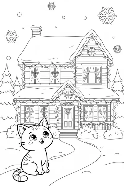Nuggis looking at Christmas lights hanging from a house, line drawing