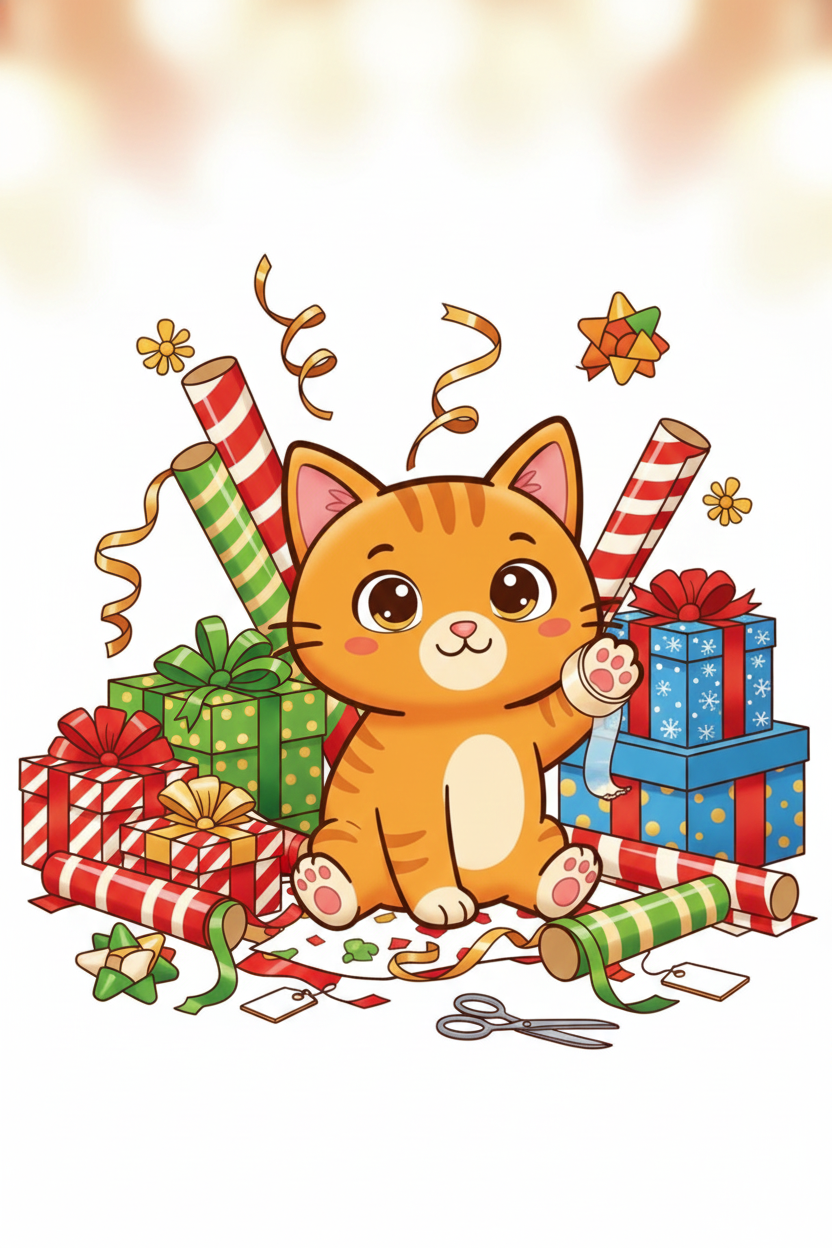 Nuggis rodeado de papel de regalo y cintas, coloreado