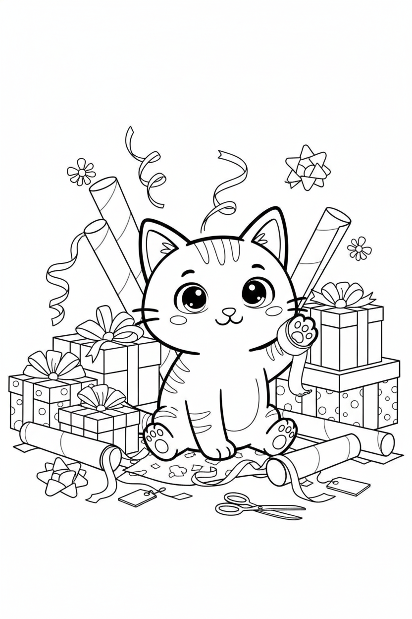 Nuggis rodeado de papel de regalo y cintas, dibujo para colorear