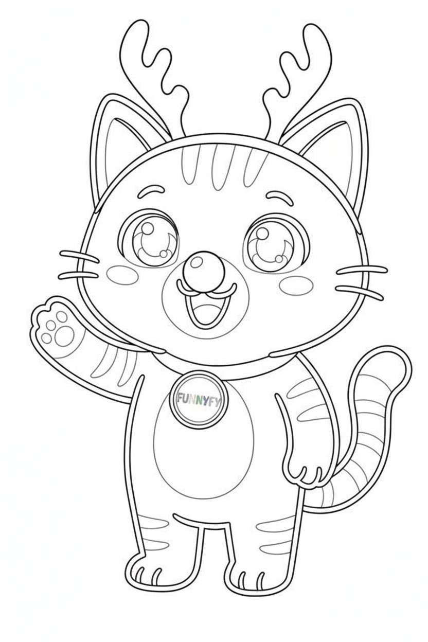 Nuggis disfrazado con cuernos de reno y nariz roja, dibujo de líneas