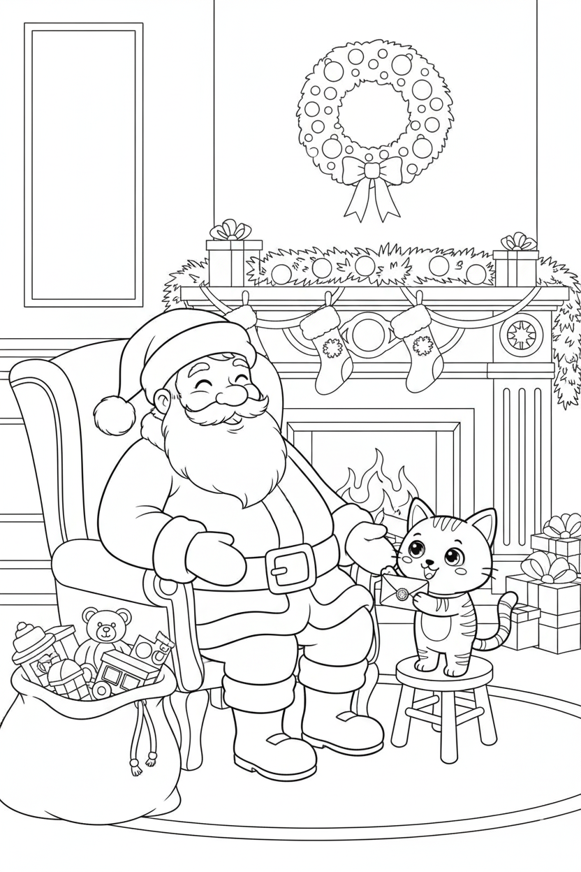Nuggis entregando una carta a Santa Claus, dibujo de líneas
