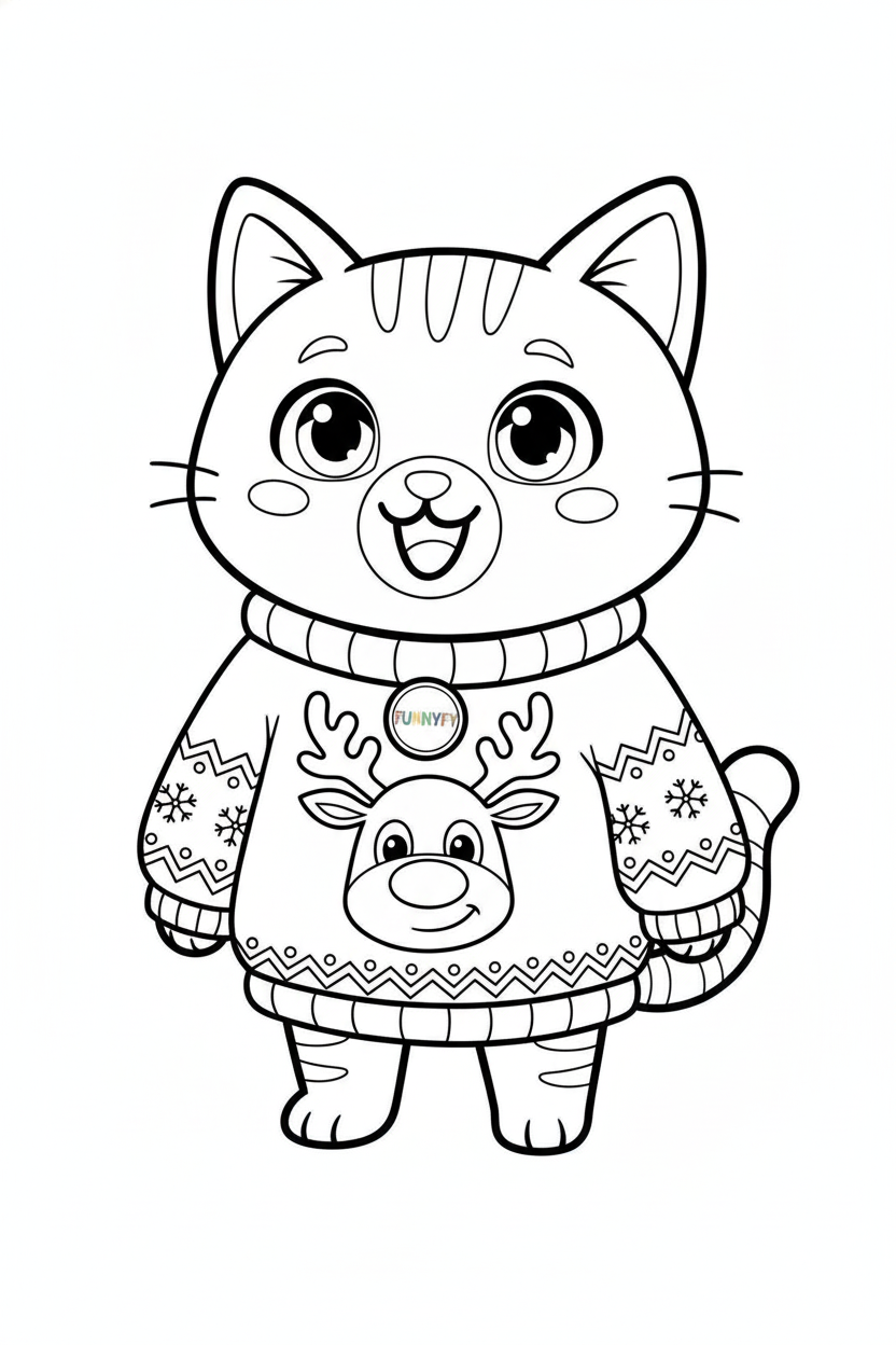 Nuggis usando un suéter navideño con un diseño de reno, dibujo de líneas