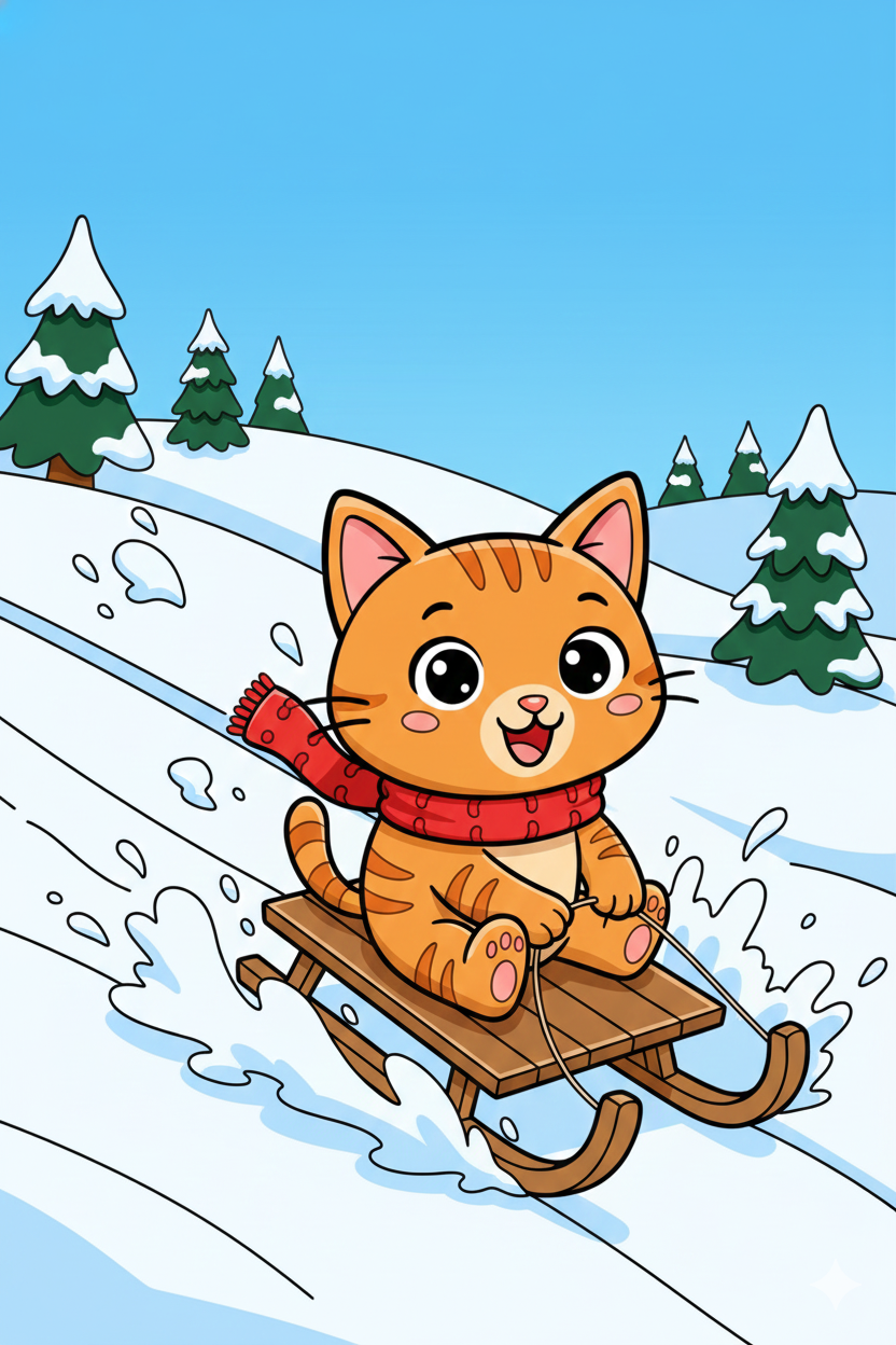 Nuggis en trineo en la nieve, imagen a color