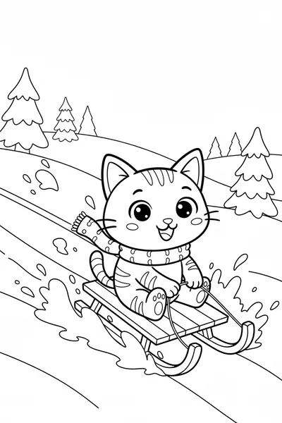 Nuggis sliding down the snow on a sled, line drawing