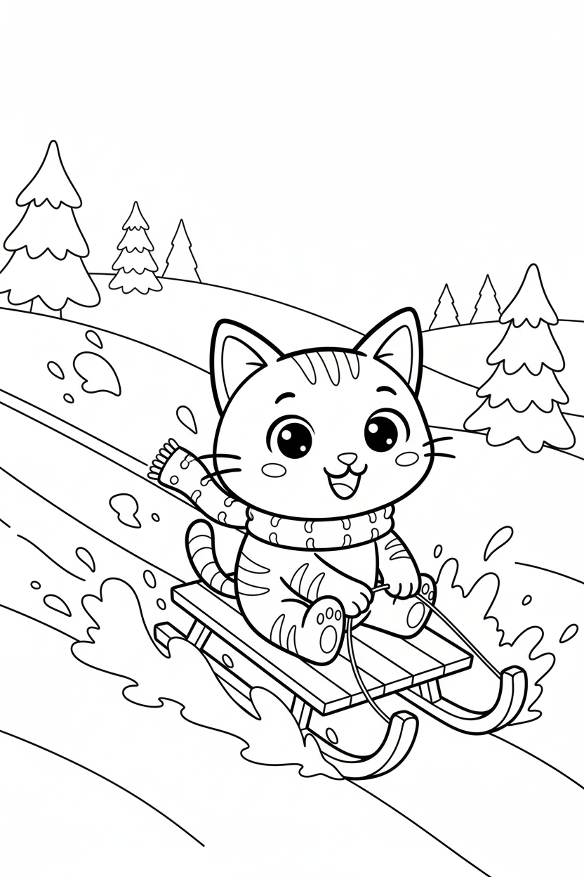 Nuggis deslizándose en un trineo por la nieve, dibujo de líneas