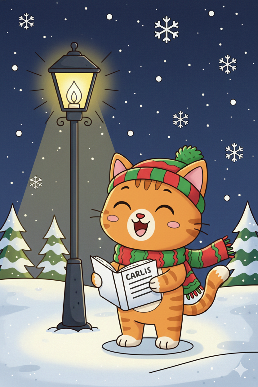 Nuggis cantando villancicos en la nieve, ejemplo coloreado