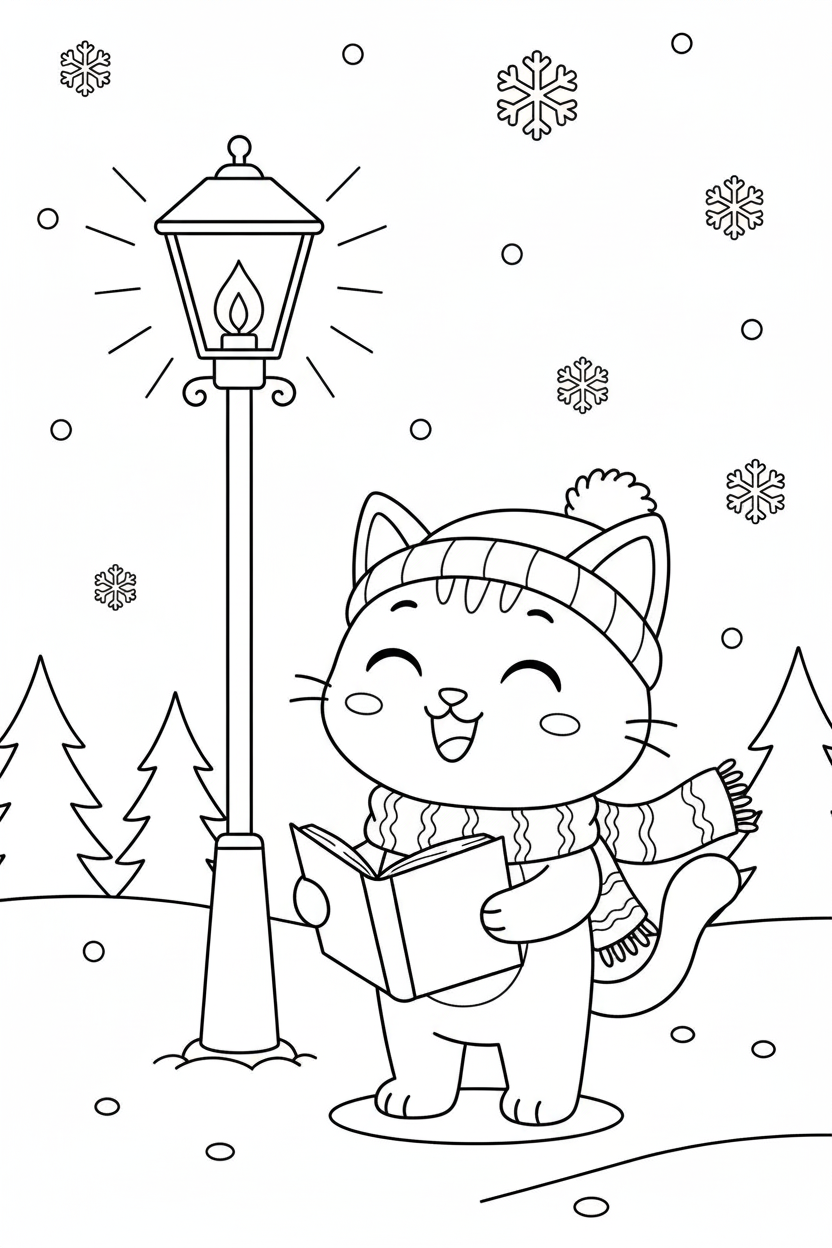 Nuggis cantando villancicos con un libro de música, dibujo para colorear