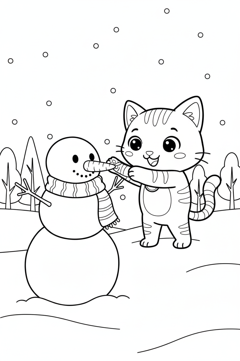 Nuggis construyendo un muñeco de nieve, dibujo de líneas