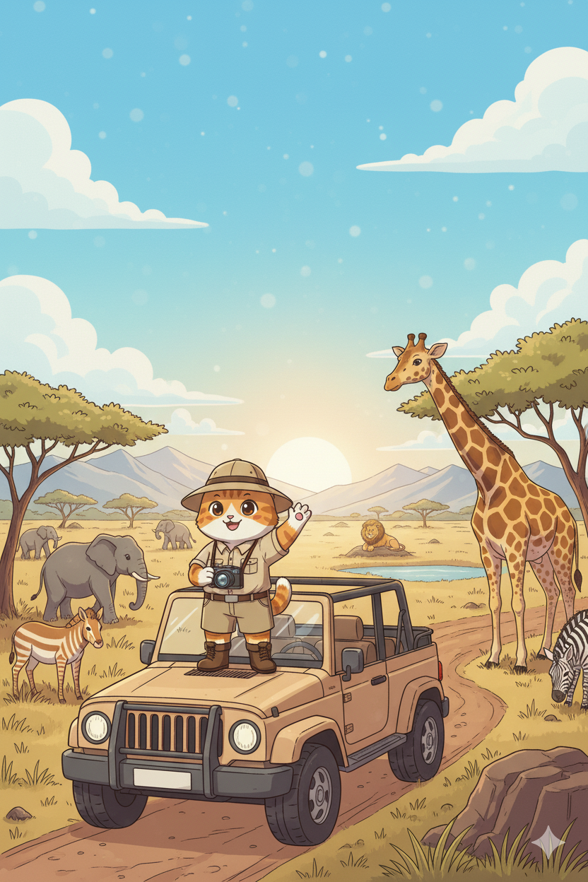 Nuggis en Africa con animales como leones, elefantes y jirafas en la sabana