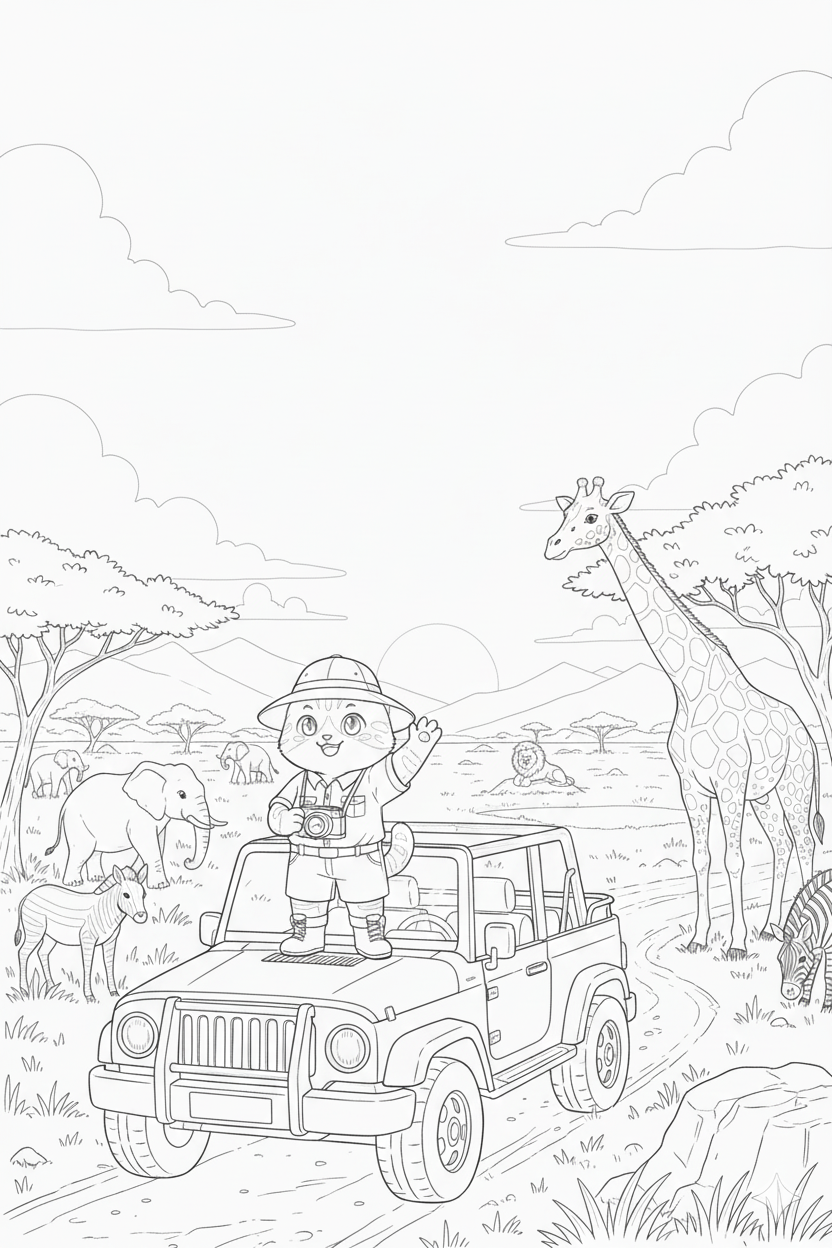 Nuggis en Africa con animales como leones, elefantes y jirafas en la sabana