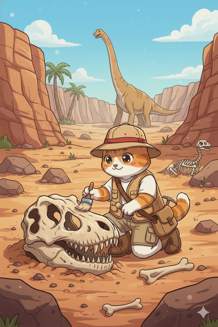 Nuggis descubriendo dinosaurios como un antropologista en un paisaje prehistórico